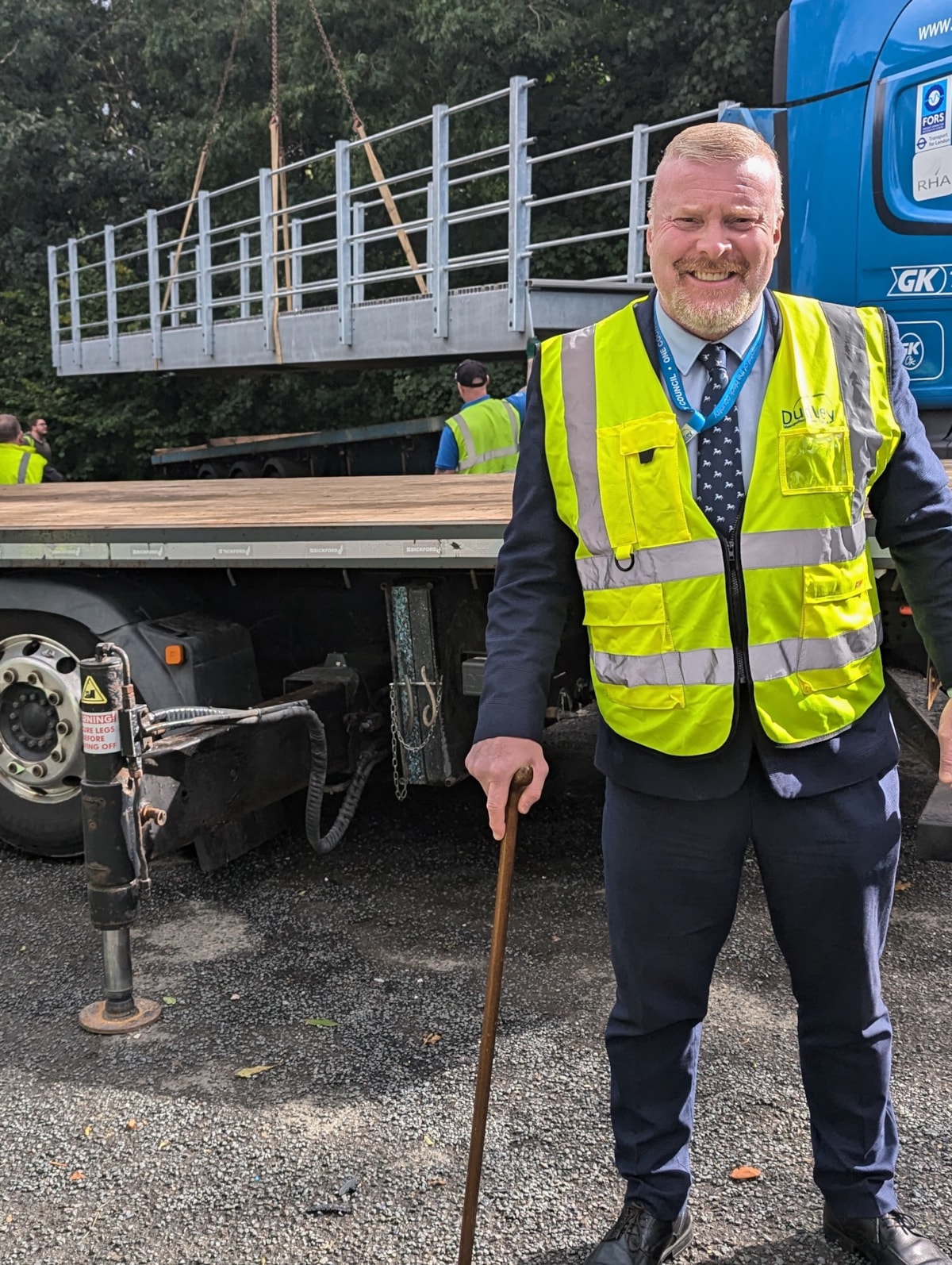 Cllr Damian Corfield near Alder Coppice Primary School, where a replacement bridge has arrived