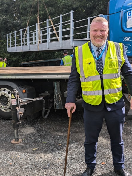 Cllr Damian Corfield near Alder Coppice Primary School, where a replacement bridge has arrived