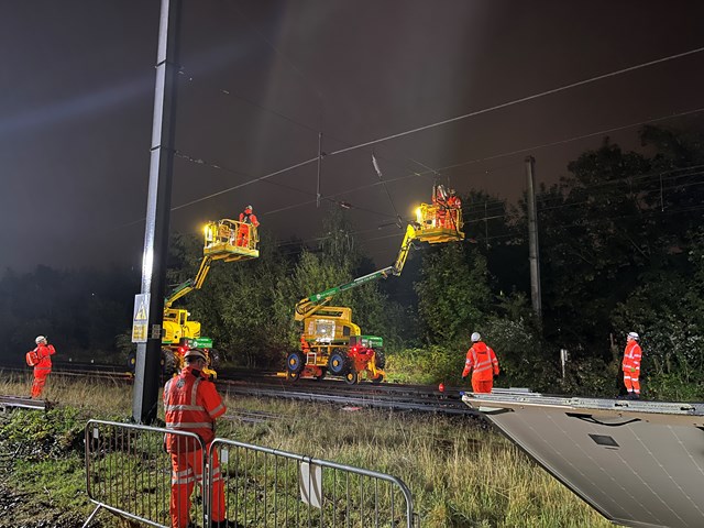 Network Rail engineers working on the overhead line equipment at Royston (2): Network Rail engineers working on the overhead line equipment at Royston (2)