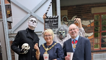 The Mayor of Dudley, Cllr Hilary Bills, with consort and husband John at Ruskin Glass Centre for a sneak peek of the Horror film festival with organiser Alan Birch (left)