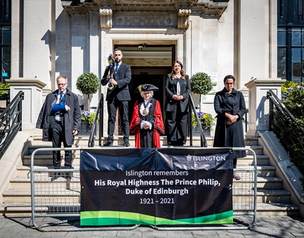 Front row, from left: Leader of Islington Council Cllr Richard Watts, Mayor of Islington Cllr Janet Burgess, Deputy Leader Cllr Kaya Comer-Schwartz. Top row, from left: Mace Bearer Sertan Hassan, Islington Council CEO Linzi Roberts-Egan.