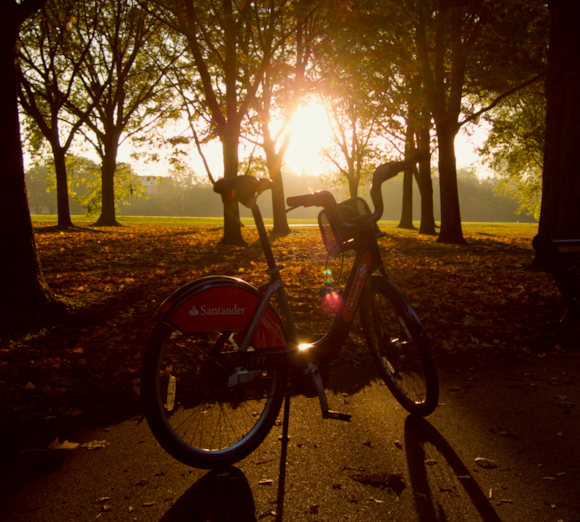 David Atkinson’s image of a Santander Cycle with the sun rising in Regent’s Park