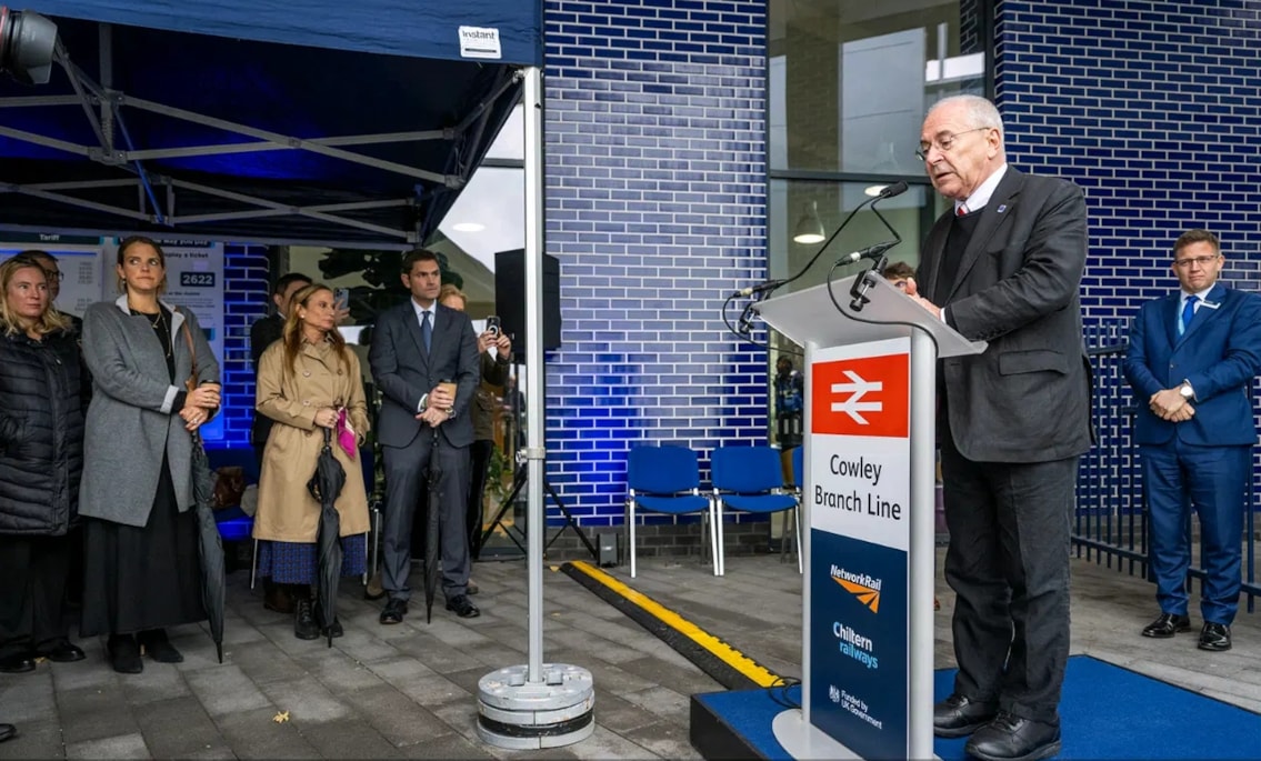 Lord Hendy, Minister of State for Rail, speaks as funding to reopen the Cowley Branch Line is announced at Oxford Parkway- 23/10/25