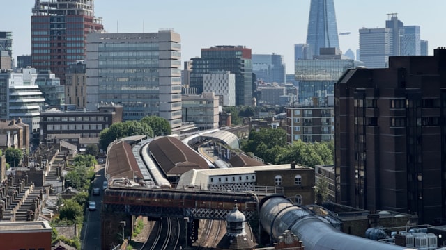 Waterloo East station and railway tracks viewed across central London