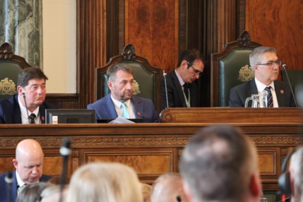 L-R CC Simon Evans, deputy leader, CC Stephen Atkinson, leader, and Mark Wynn CEO of Lancashire County Council  at full council