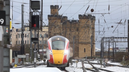 LNER Azuma arriving at a snowy Newcastle Central Station