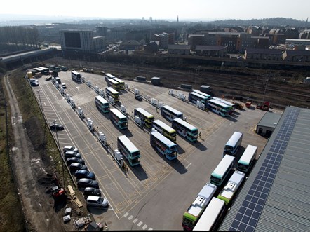 Aerial view of new rapid EV charging facility at First Bus Glasgow Caledonia depot 2