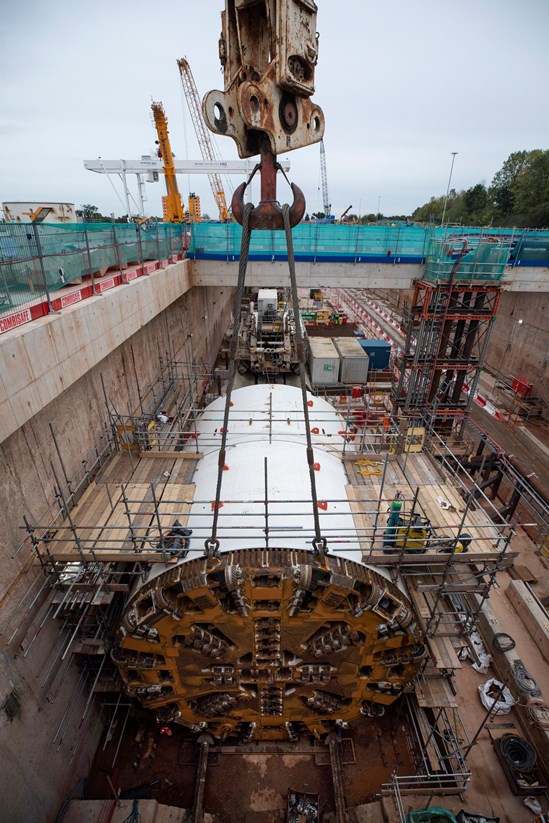 The cutterhead in place on the TBM in the 12-metre deep launch pit