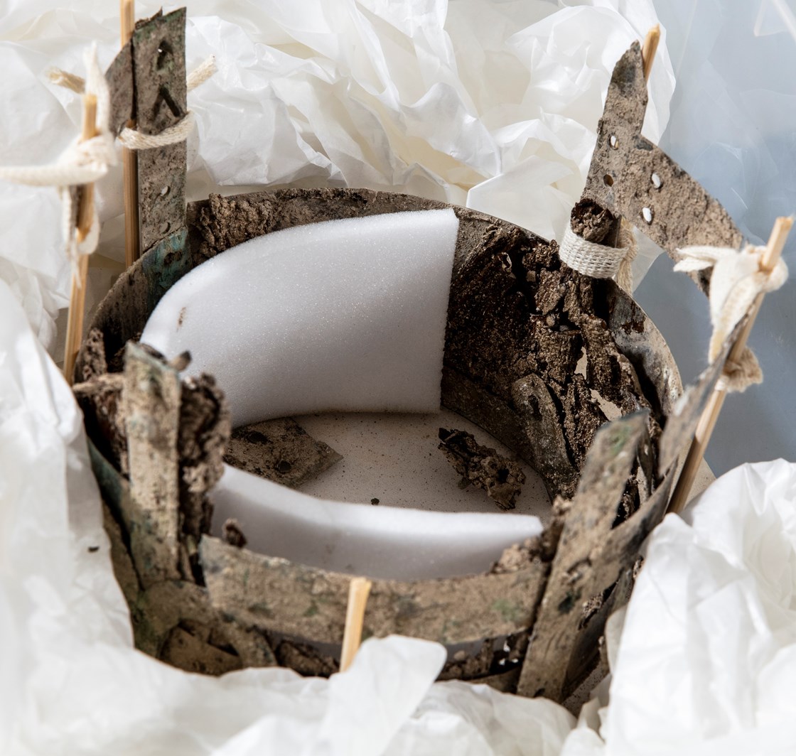 Iron and wood bucket, with surviving wood, uncovered in an Anglo Saxon burial in Wendover during HS2 archaeological excavations: Iron and wood bucket with bits of wood that survived, fused to the metalwork.

Tags: Anglo Saxon, Archaeology, Grave goods, History, Heritage, Wendover, Buckinghamshire