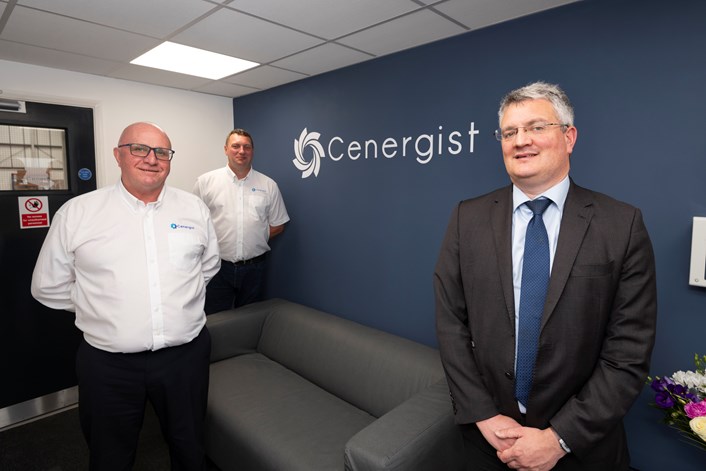 Council leader James Lewis meets green workers at council partner Cenergist's new Leeds office.: From left to right: Alex Brown, Operations Director at Cenergist; Stephen Duffy, Deputy Director of Operations at Cenergist; and Councillor James Lewis, Leader of Leeds City Council