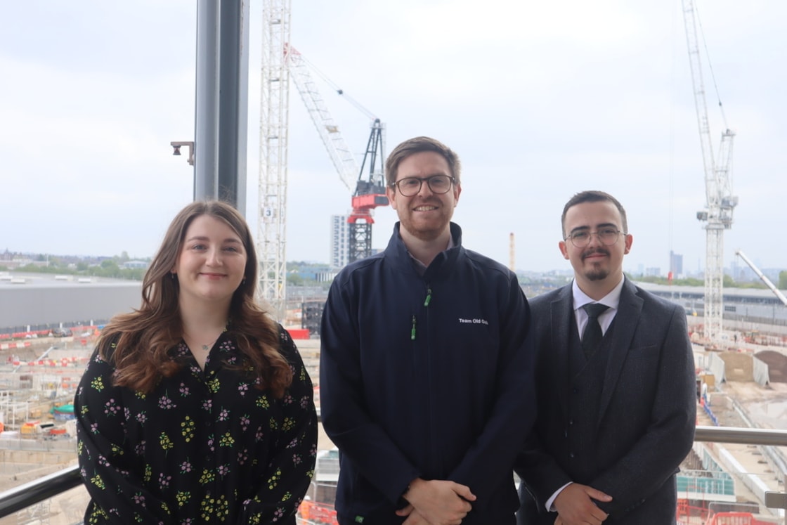 HS2 apprentices Niamh and Tyler pictured at Old Oak Common with HS2 Project Client Director Peter Gow