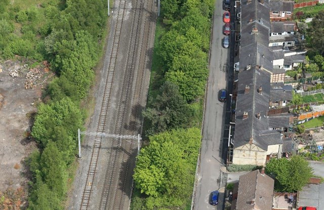 Repairs planned to stabilise railway embankment in Stoke-on-Trent: Aerial view of embankment work location in Mount Pleasant Stoke-on-Trent