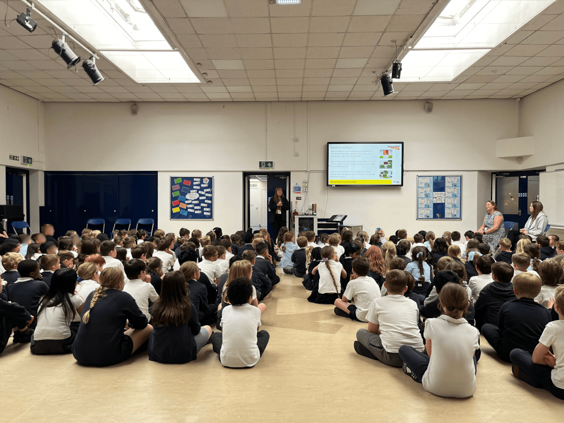 Network Rail talks about level crossings in a safety assembly at Millbrook Junior School-2