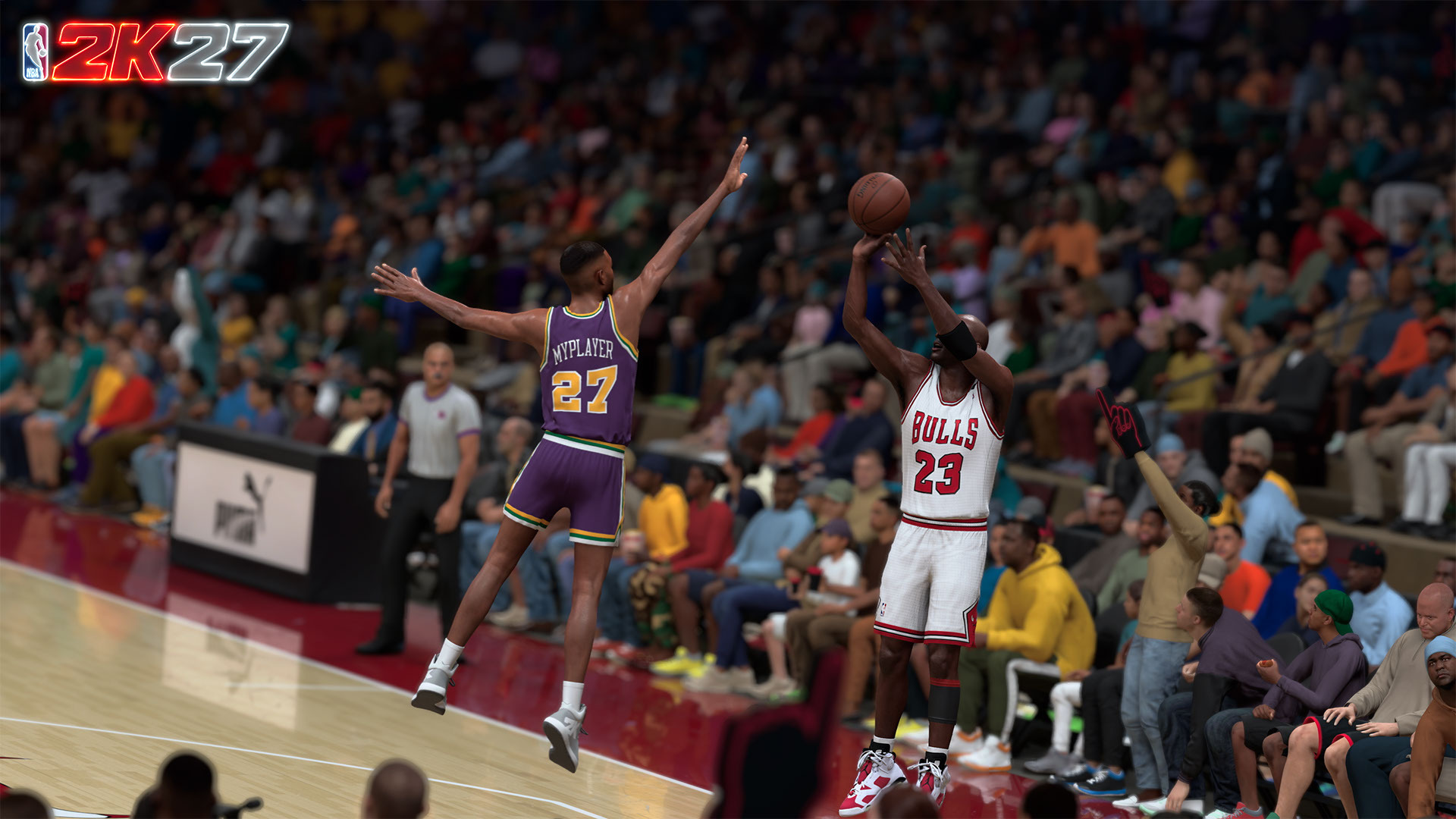 A MyPLAYER contests a shot from a recreated Chicago Bulls player in NBA 2K27