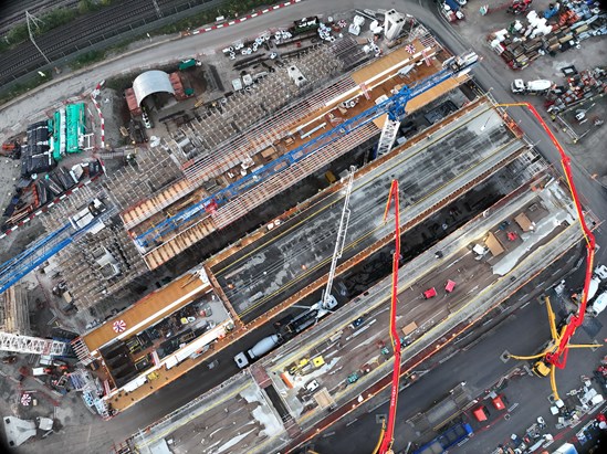 Aerial view of fist concrete pour for Curzon 3 Viaduct span