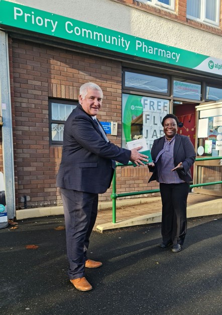 Council leader collects lateral flow tests from Priory pharmacy