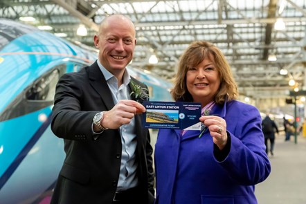 Chris Jackson, Managing Director of TPE and Fiona Hyslop, Minister for Transport MSP celebrate the opening of East Linton Train Station