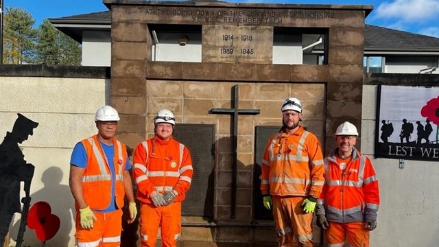 Railway engineers restore war memorials on the Ebbw Vale line ahead of Remembrance Sunday: Members of the railway team working to restore the war memorials