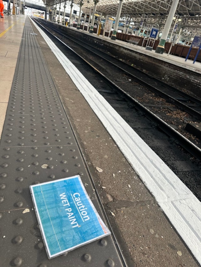 New white line on platform edge Manchester Piccadilly 2026: New white line on platform edge Manchester Piccadilly 2026