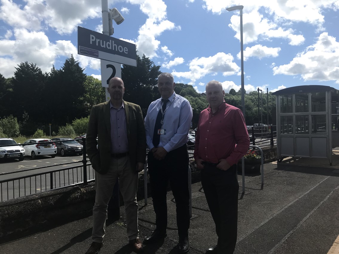 County Councillor visits newly improved Northumberland station: L2R Mick Hodgson, Operations Manager at Network Rail, Graham Lamb, Local Operations Manager at Network Rail and Cllr Gordon Stewart, Chairman of Tynedale Local Area Council