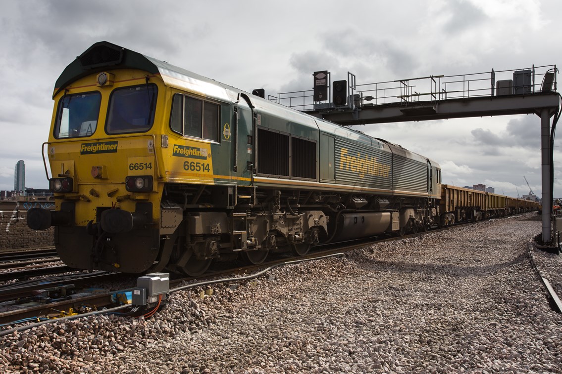 Thameslink work (April 9 ) engineering train: Engineering train carrying spent ballast. Paul Clark monitors these for the Thameslink Programme