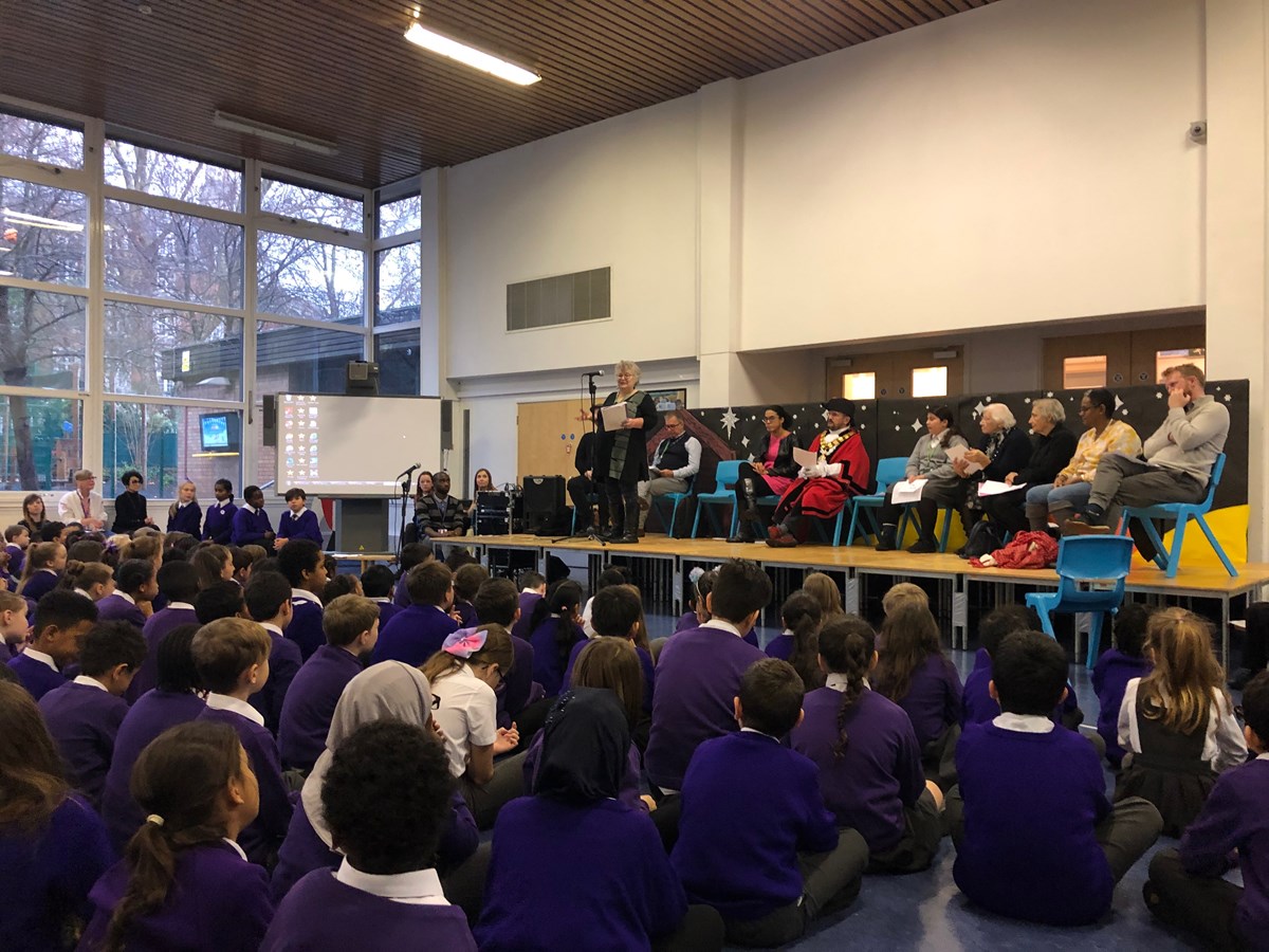 Islington Council's Migrant Champion, Cllr Sue Lukes, addresses children at Hugh Myddelton Primary School