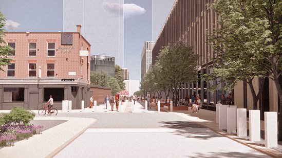 HS2 Euston station design update November 2022 - Cobourg Street: View north down Cobourg Street to the West of the HS2 Euston station. A pedestrianised street with cycle route is proposed.

Tags Design, Engagement, Euston, Station, Cycling, London