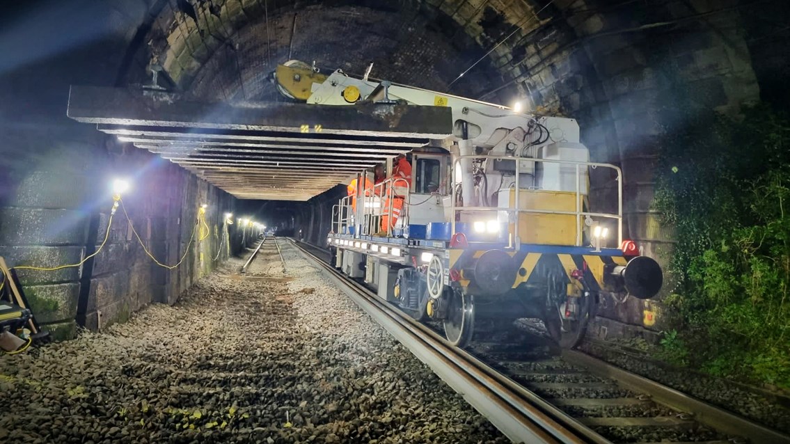 Track removal machine taking out old sleepers during Beechwood Tunnel work October 2022