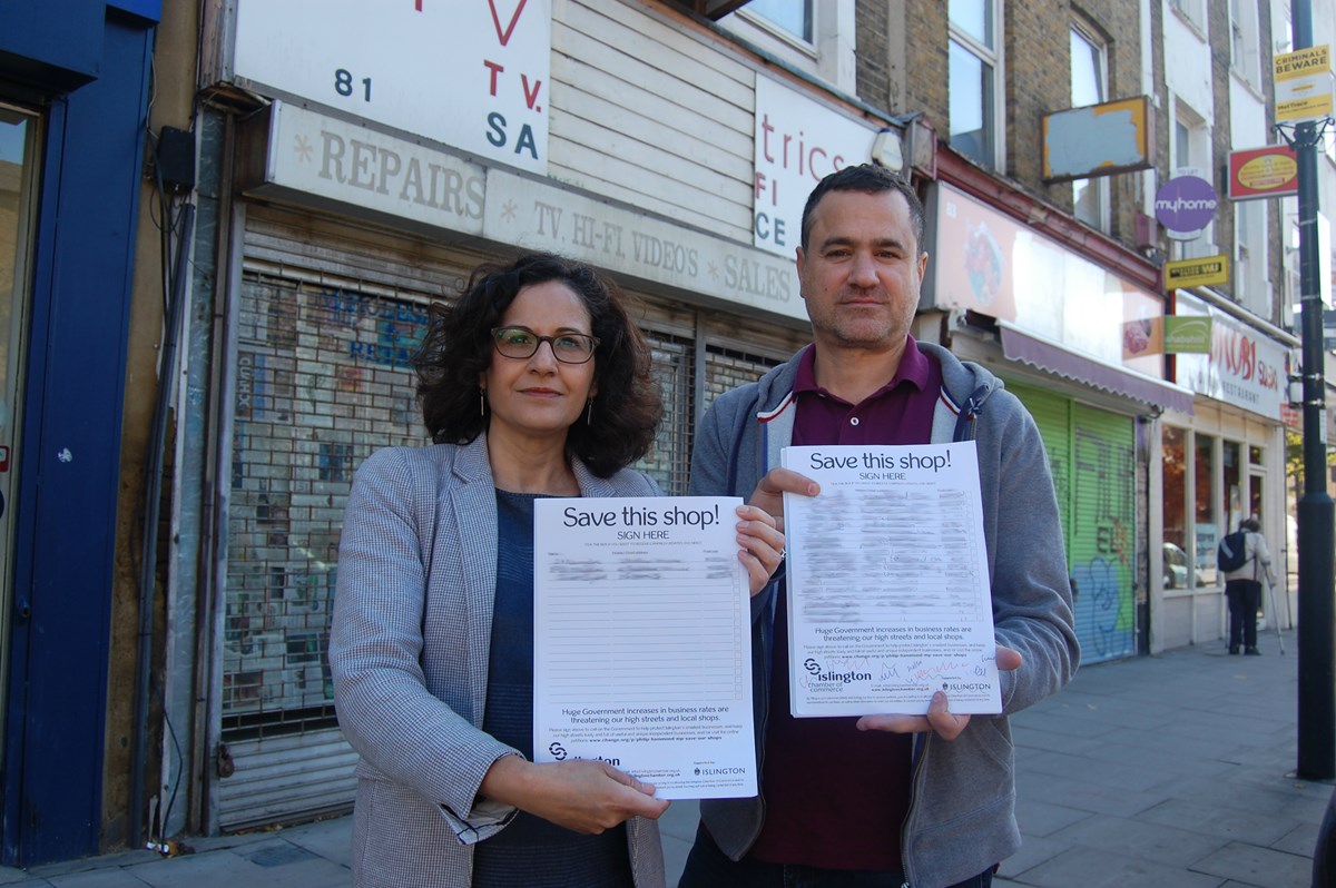 Cllr Asima Shaikh, Islington Council's executive member for inclusive economy and jobs, left, and Hak Huseyin, chair of Islington Chamber of Commerce, with the petition.