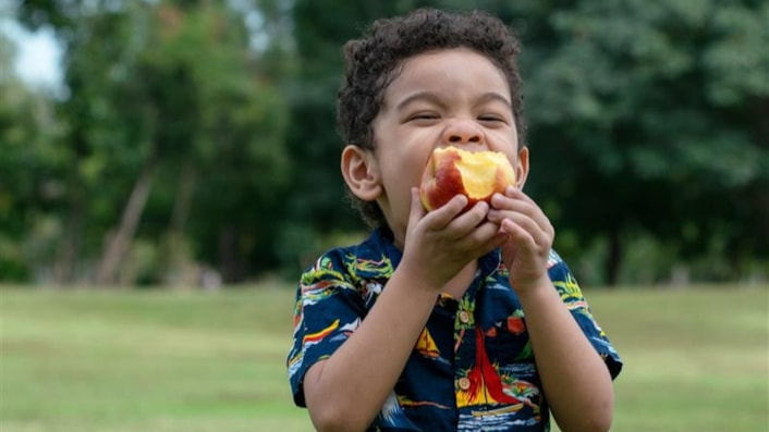 Obesity rates in children: Image shows a child standing in a field, eating an apple.