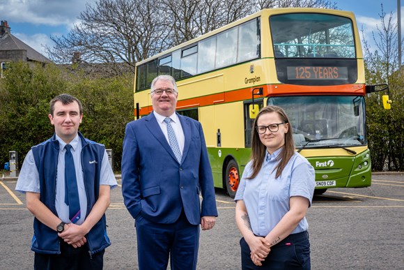 LtoR - Peter Spasov, First Aberdeen driver, David Adam, Head of Operations First Aberdeen, Megan Copland, First Aberdeen driver