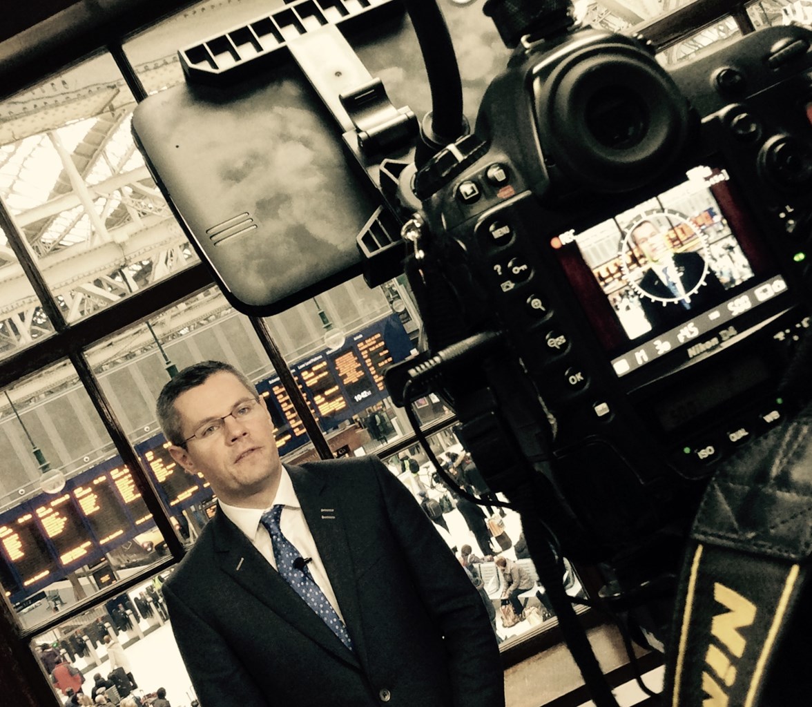 Derek Mackay - recording a Transport 2014 review at Glasgow Central Station (2)