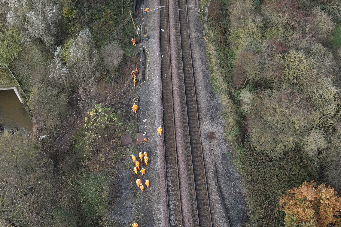 Engineers at the site of the Aycliffe landslip working to repair railway, Network Rail