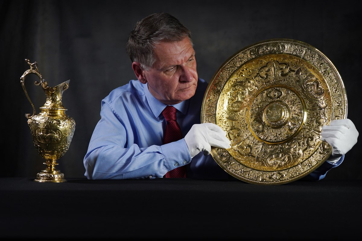 Curator Dr Godfrey Evans with the Panmure ewer and basin. Copyright Stewart Attwood 2