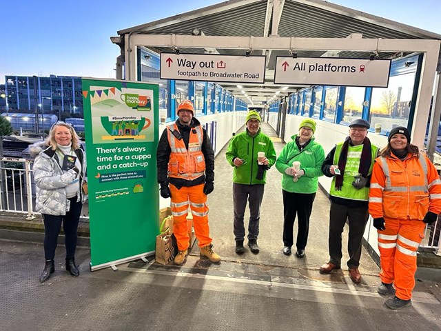 Network Rail colleagues with Samaritans volunteers at Welwyn Garden City, Network Rail: Network Rail colleagues with Samaritans volunteers at Welwyn Garden City, Network Rail