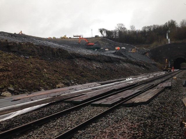 Railway between Leamington Spa and Banbury to reopen three weeks ahead of schedule: harbury landslip from track level