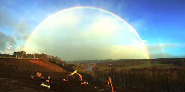 Trains to resume on Monday after West Line landslip repairs: A rainbow over the site at Farnley Haugh