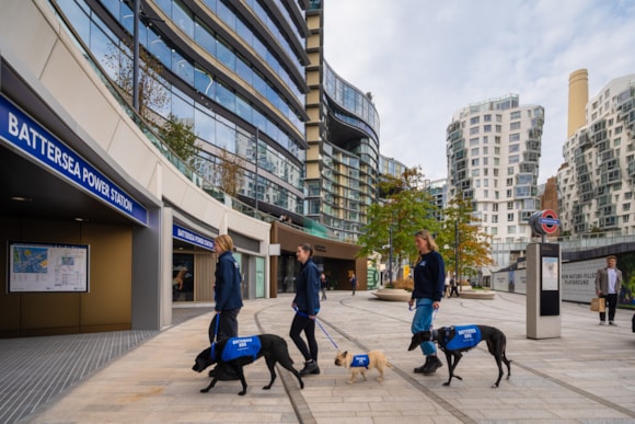 New step-free Underground entrance opens at Battersea Power Station, improving accessibility for Tube customers and connectivity to the wider neighbourhood: Battersea Cats & Dogs Home team using the new Underground entrance at Battersea Power Station - credit Charlie Round-Turner