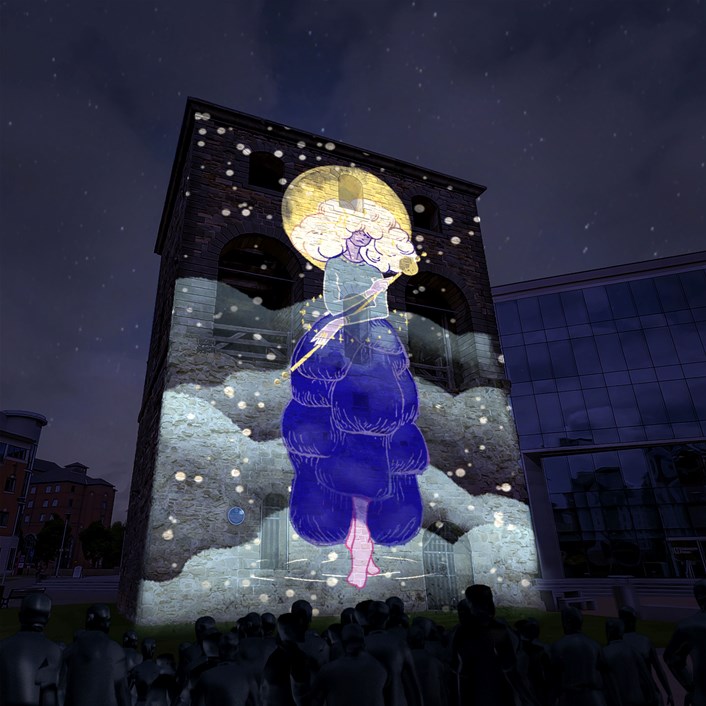 Light Night Leeds 2022: Zauberin des Mondes (Sorceress of the Moon) will be projected onto the Wellington Place lifting tower, created by French artists Jules Huvig / Rencontres Audiovisuelles.  A modern take on the Razpunzel tale, Zauberin des Mondes tells the quest of a character through impossible architecture.