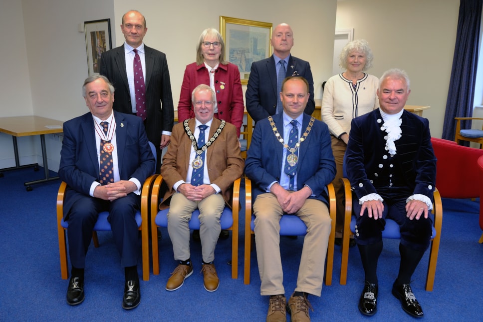 Chairman Cllr Delme Harries, Cllr Nick Neumann, Meurig Raymond and Andrew Phillips, r Cllr Simon Hancock and Cllr Maureen Bowen.