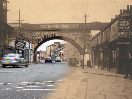 Blackburn Road Railway Bridge, Accrington, pictured in  2022 and in the 1930s