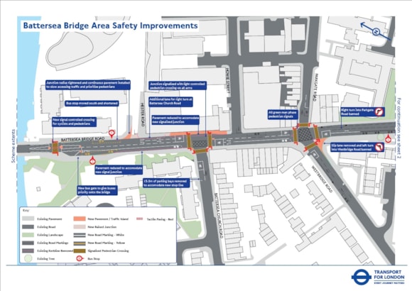 TfL begins work to continue making the Battersea Bridge area safer for people walking and cycling: TfL Image - Battersea Bridge Road Proposal