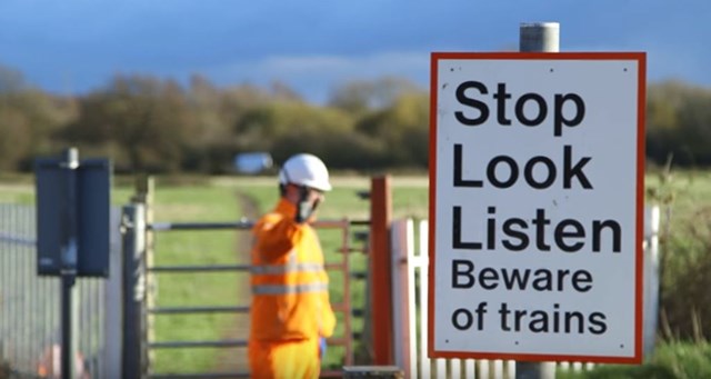 stop look listen level crossing sign: level crossing