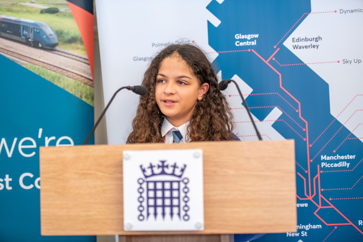 Lois Wilson, a pupil at St Anthony's Catholic Primary School in Birmingham, speaks about her Feel Good Field Trips experience at Avanti West Coast's celebration event at Parliament.