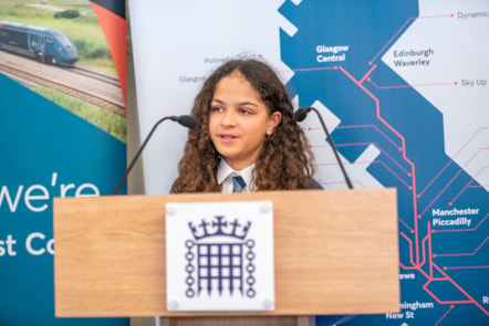 Lois Wilson, a pupil at St Anthony's Catholic Primary School in Birmingham, speaks about her Feel Good Field Trips experience at Avanti West Coast's celebration event at Parliament.