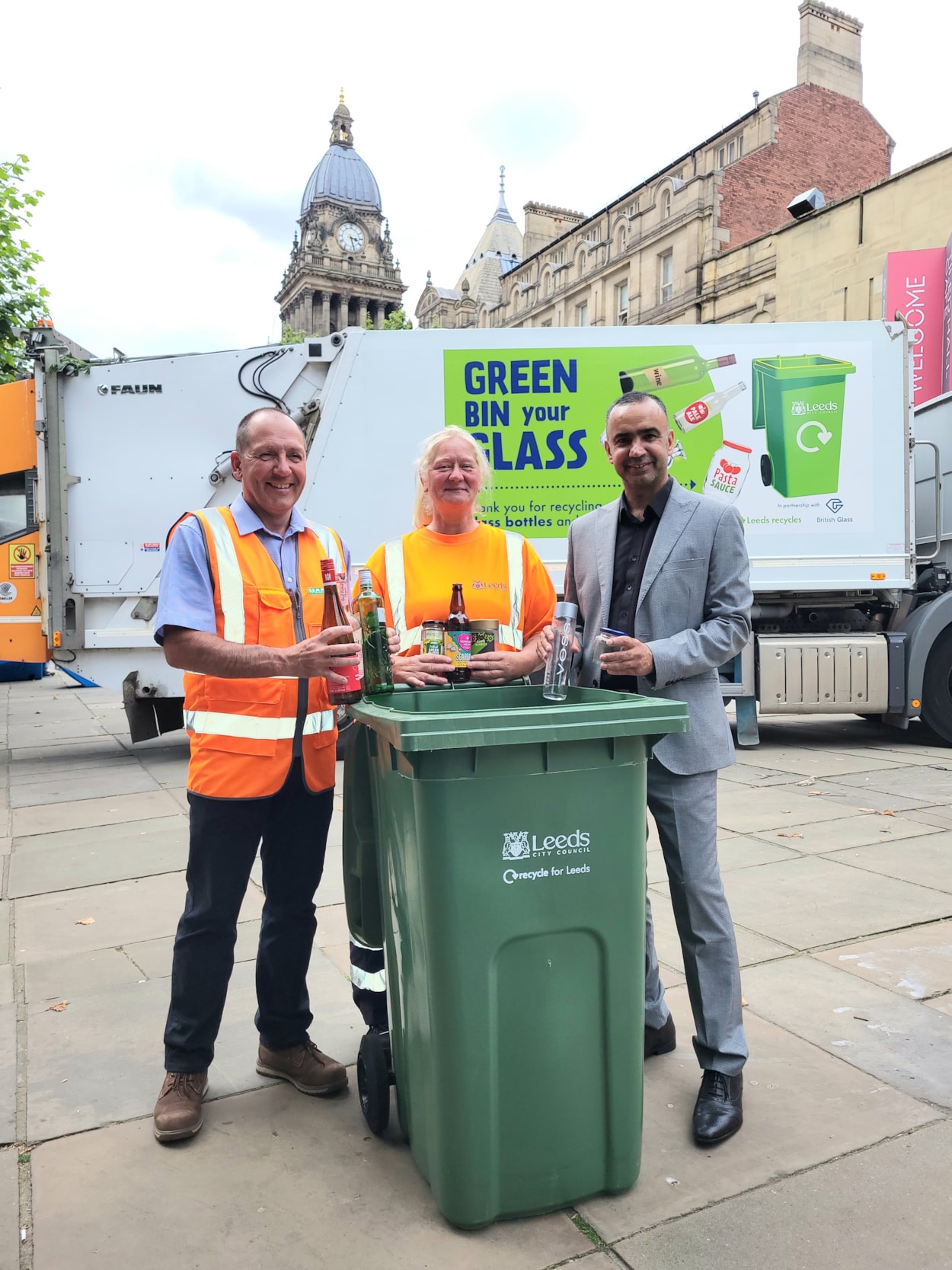 Leeds launch of glass recycling: L-R Declan Nortcliffe, Operations Director at HW Martin Waste Ltd, Mel Dinsdale, crew chargehand and Councillor Mohammed Rafique, Leeds City Council’s executive member for climate, energy, environment and green space at the launch of glass recycling in Leeds.