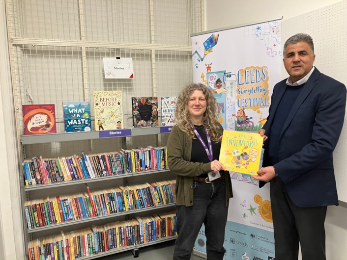 Leeds Storytelling Festival 2026 3: Councillor Asghar Khan with Senior Librarian for Children and Young People at Leeds Central Library