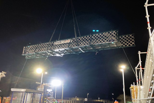 Refurbished Harrington station footbridge being craned into position on Saturday 4 March 2023: Refurbished Harrington station footbridge being craned into position on Saturday 4 March 2023