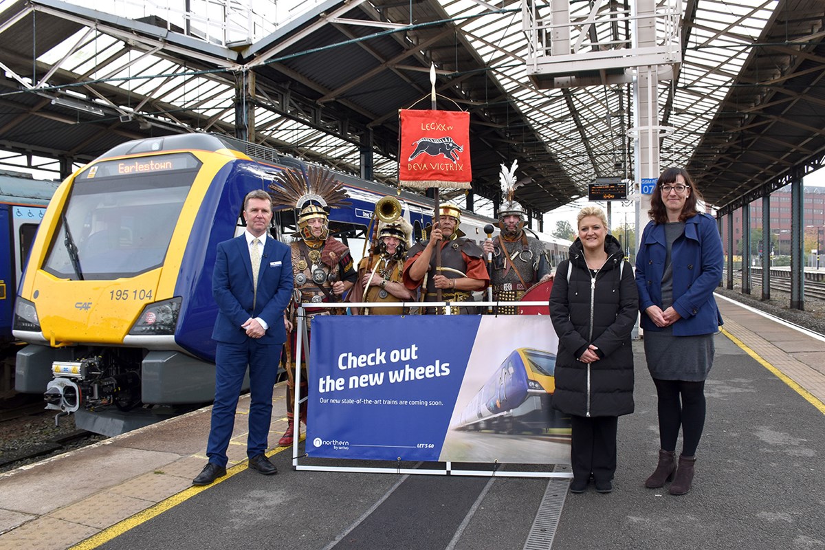 David Brown (Northern MD) is joined by Cllr Karen Shore (Deputy Leader of Cheshire West and Chester Council) and Mary Hewitt (Arriva's Strategy and Policy Director)  - as well as four Roman soldiers - at the launch of new trains for Chester.