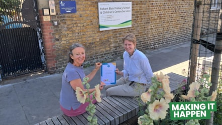 Alice Roberts, CPRE and Cllr Champion Cllr Rowena Champion, Executive Member for Environment, Air Quality, and Transport at Islington Council on the Robet Blair school street in Islington.